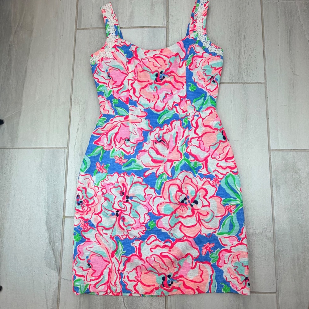 Lilly Pulitzer Nienie Shift Dress Flutter Blue Lucky Charm Pink Blue Floral Sz 4